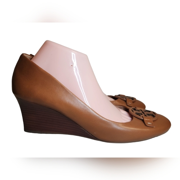 TORY BURCH BROWN LEATHER REVA LOGO WEDGE PUMP SZ US 11M - Picture 2 of 15